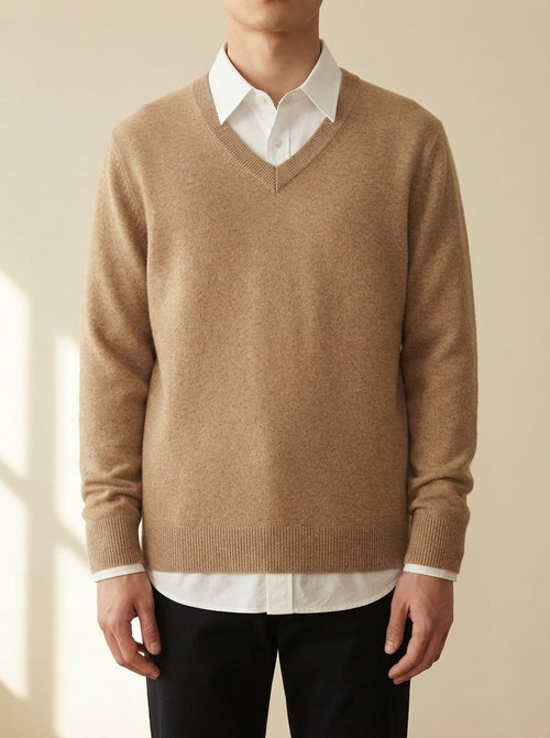 Ergora Alder fine-knit V-neck sweater in camel, worn over a white collared shirt