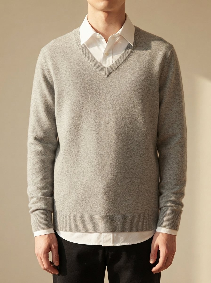 Ergora Alder fine-knit V-neck sweater in light grey, worn over a white collared shirt