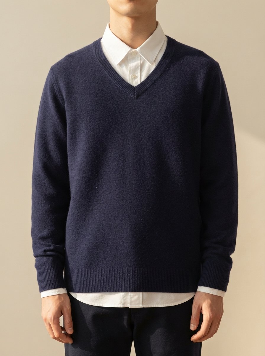 Ergora Alder fine-knit V-neck sweater in navy, worn over a white collared shirt