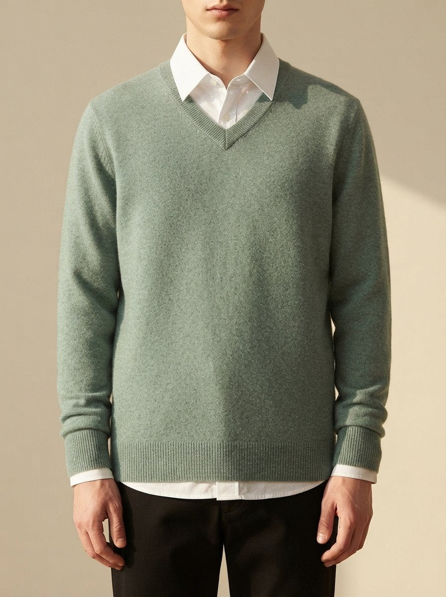 Ergora Alder fine-knit V-neck sweater in sage green, worn over a white collared shirt