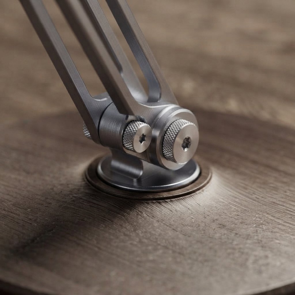 Close-up of the Ergora Altus aluminium hinge and wood-grain base