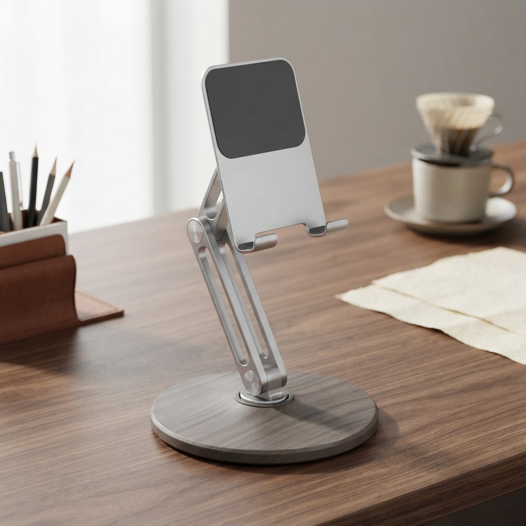 Ergora Altus folding phone and tablet stand, silver aluminium arm on a grey wood-grain base
