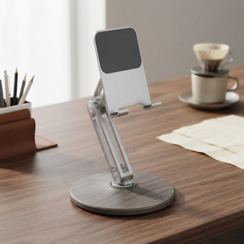 Ergora Altus folding phone and tablet stand, silver aluminium arm on a grey wood-grain base