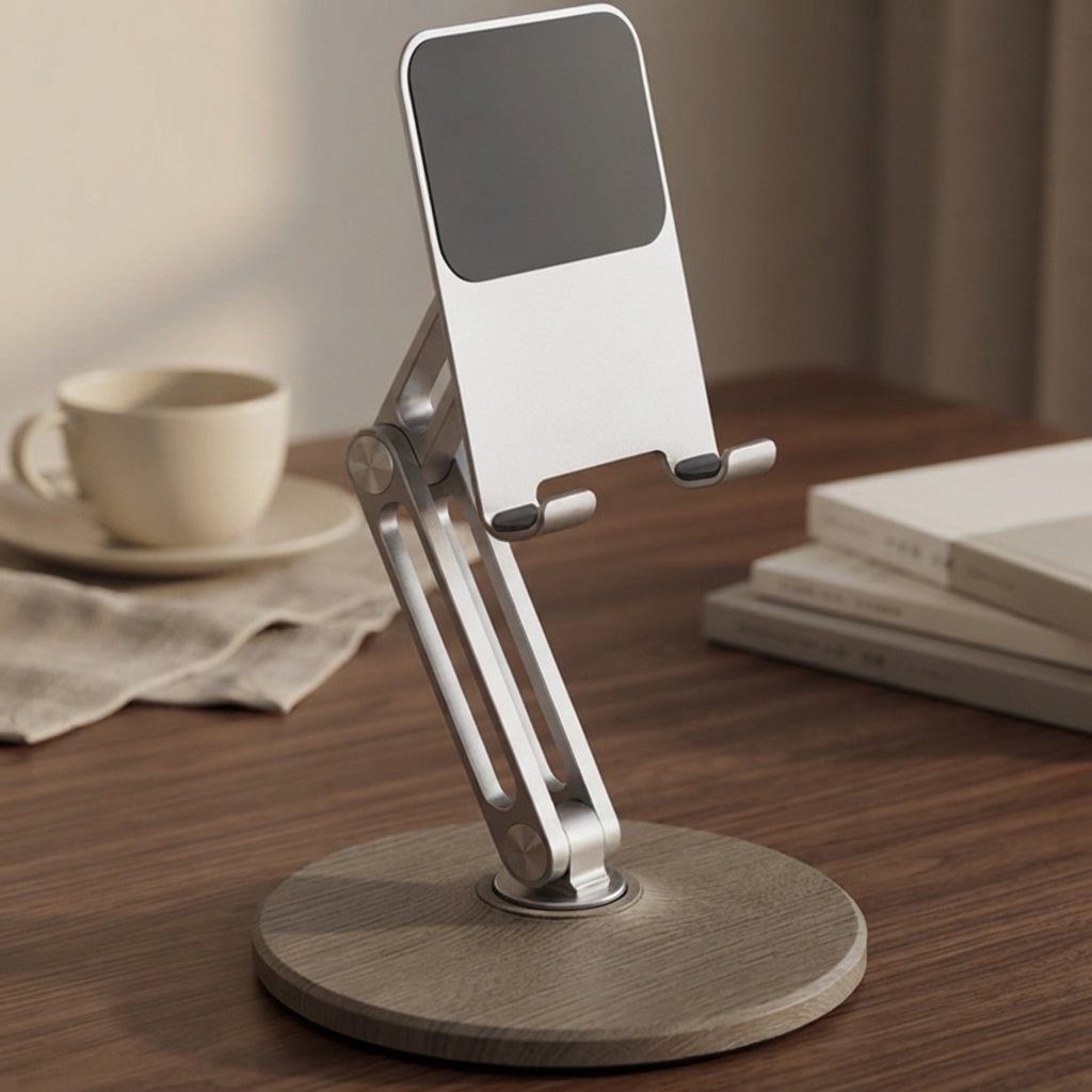 Ergora Altus folding phone and tablet stand, silver aluminium arm on a warm grey-brown wood-grain base