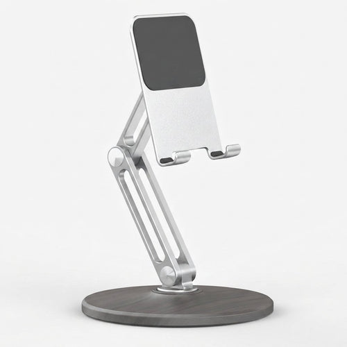 Ergora Altus adjustable aluminium desk stand, silver finish, wood-tone base