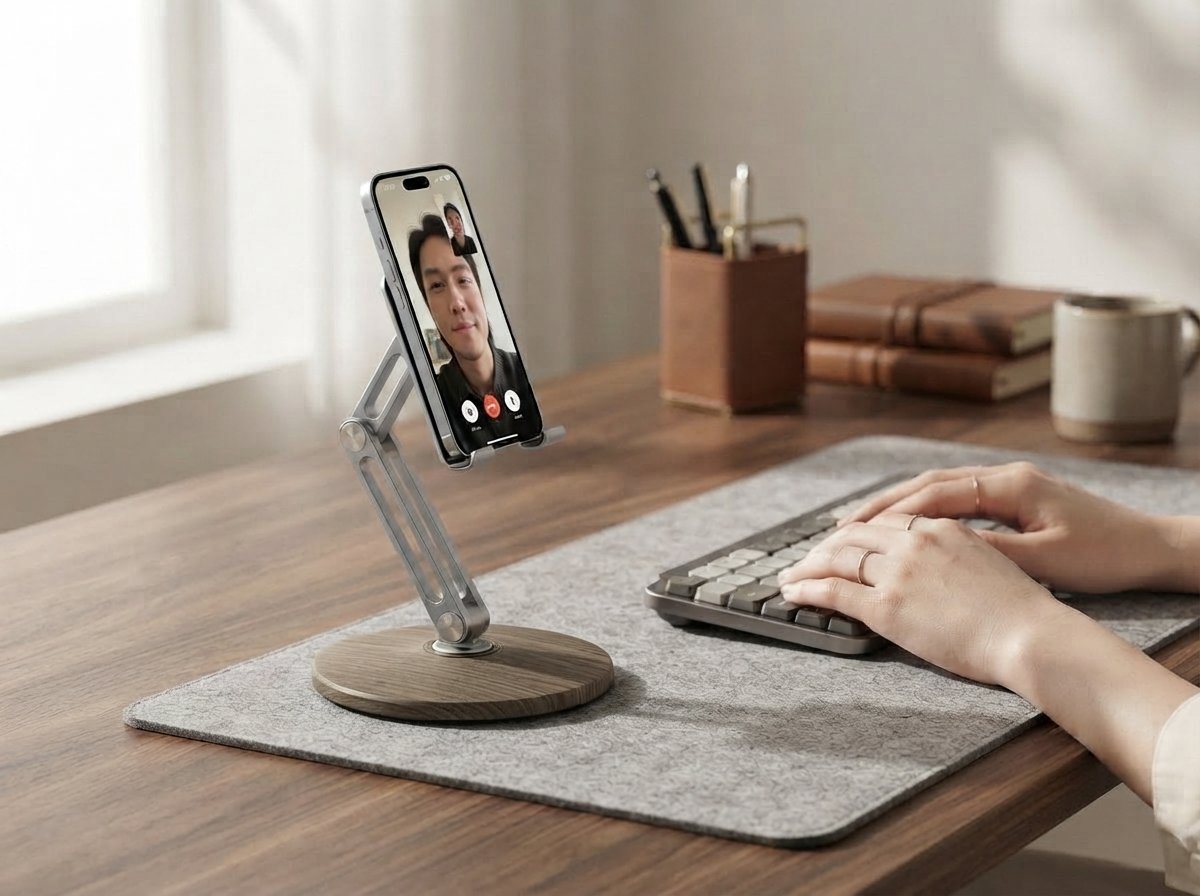 Ergora Altus stand holding a phone for a video call on a calm home desk