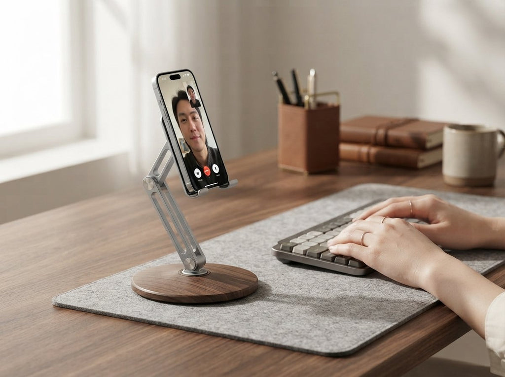 Ergora Altus stand holding a phone for a video call on a calm home desk