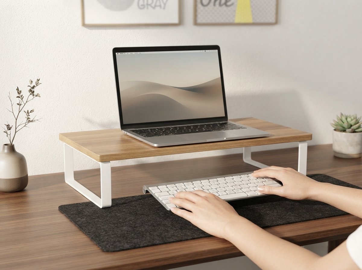 Hands placing a keyboard beneath the Ergora Bench monitor riser with a laptop resting on top