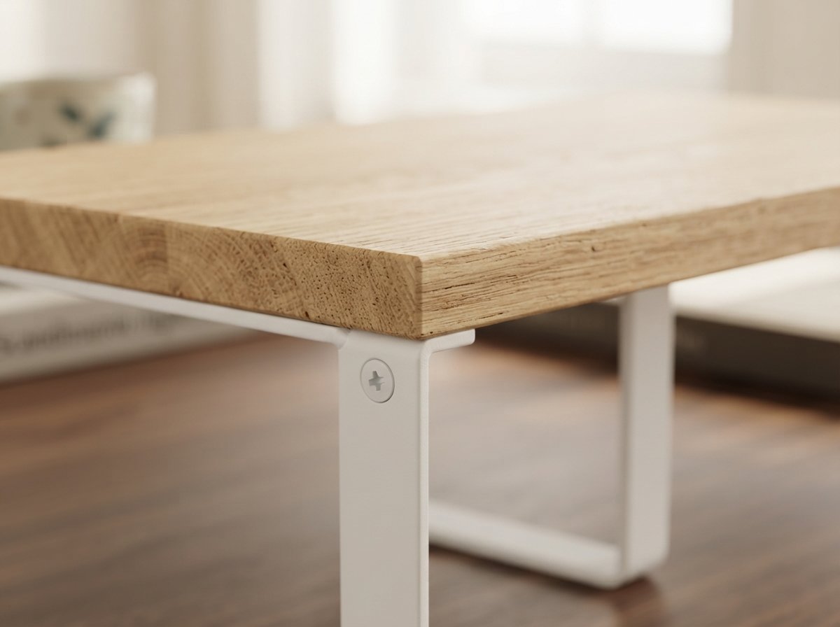 Close-up of the Ergora Bench solid wood grain and white metal leg joinery