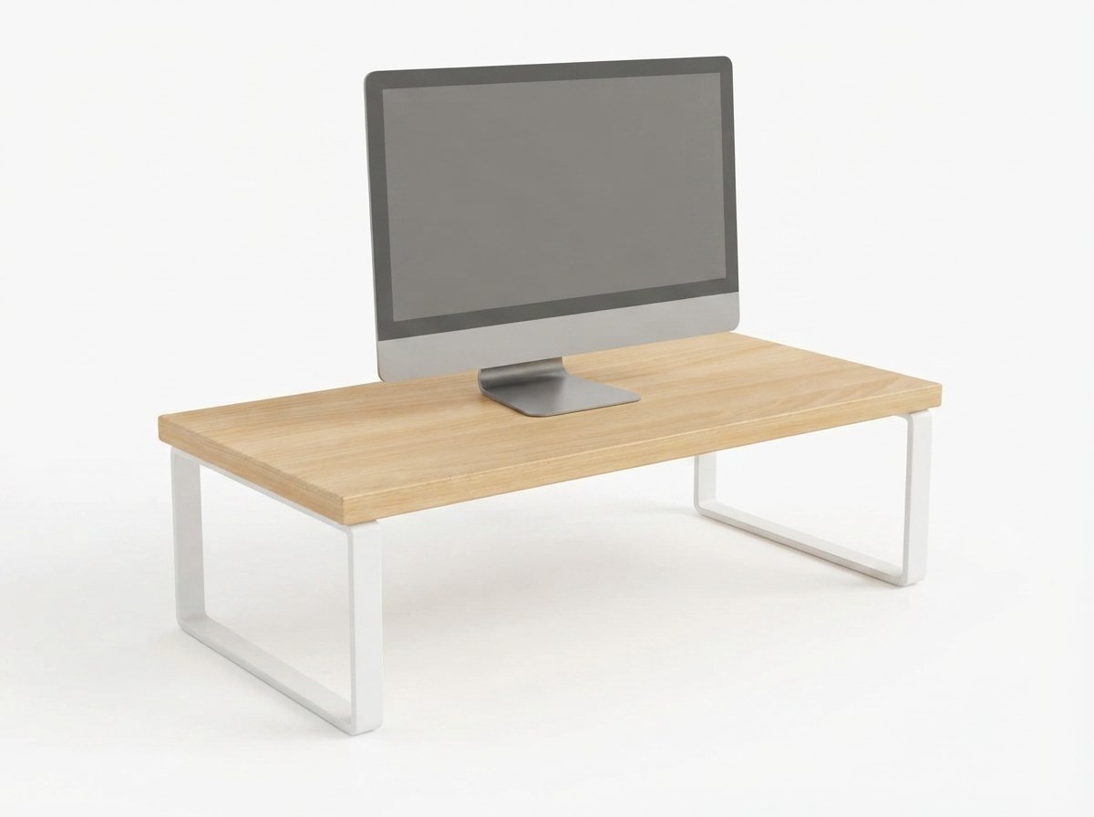 Ergora Bench solid wood monitor riser on a plain studio background with a monitor raised on top