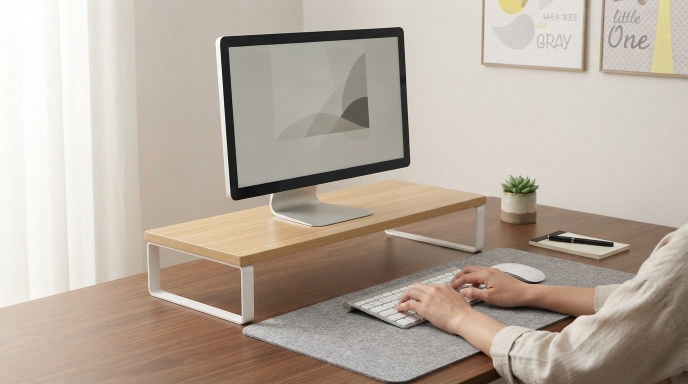 Ergora Bench monitor riser on a warm walnut desk, monitor raised at eye level, hands typing below