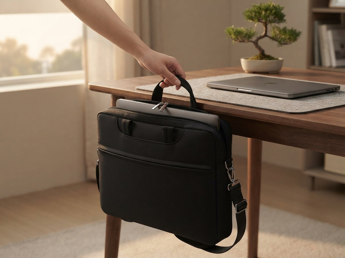 Ergora Commute Case at a warm walnut desk after the commute