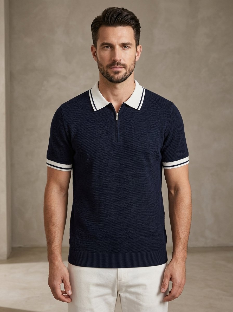 Ergora Court — Knitted Zip Polo - Navy Blue