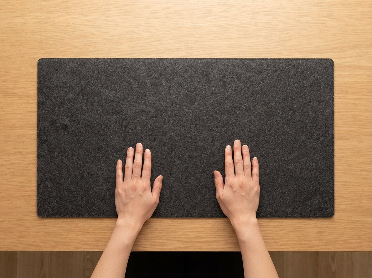 Hands smoothing the Ergora Felt Desk Pad flat onto a desk
