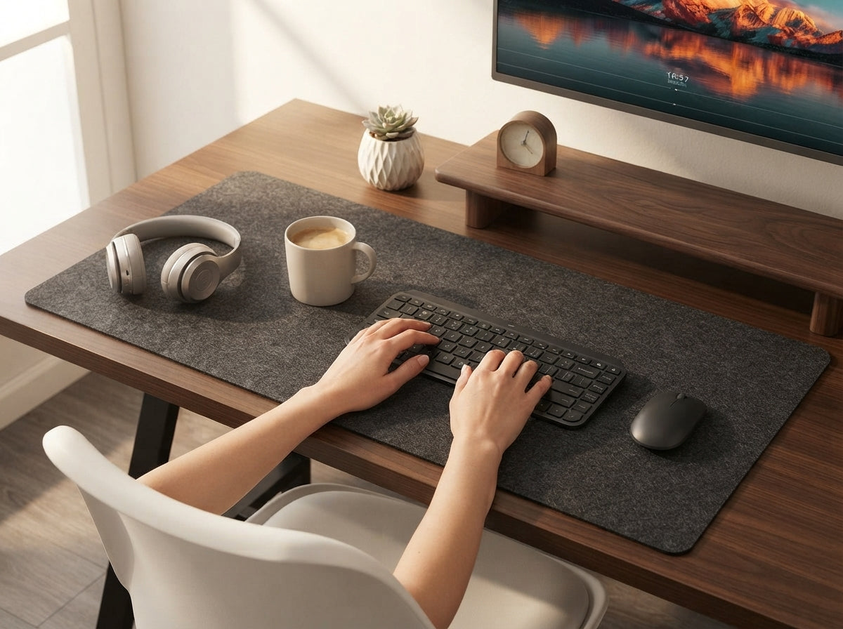 Ergora Felt Desk Pad in a calm home-office desk setup