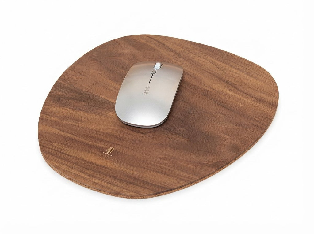 Ergora Grain wood-and-cork mouse pad, oval walnut wood grain with cork edge
