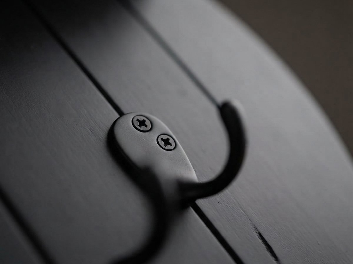 Close-up detail of the Ergora Hook matte black hook hardware and wood panel texture