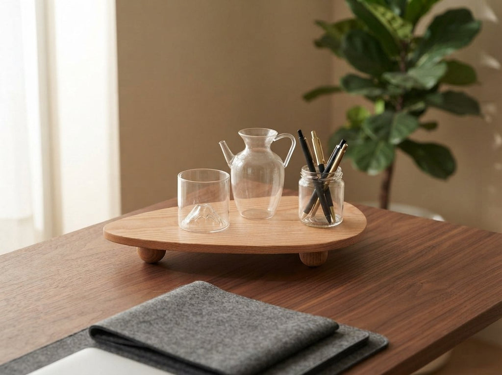 Ergora Koma beech footed tray styled on a calm walnut desk with plant and felt mat