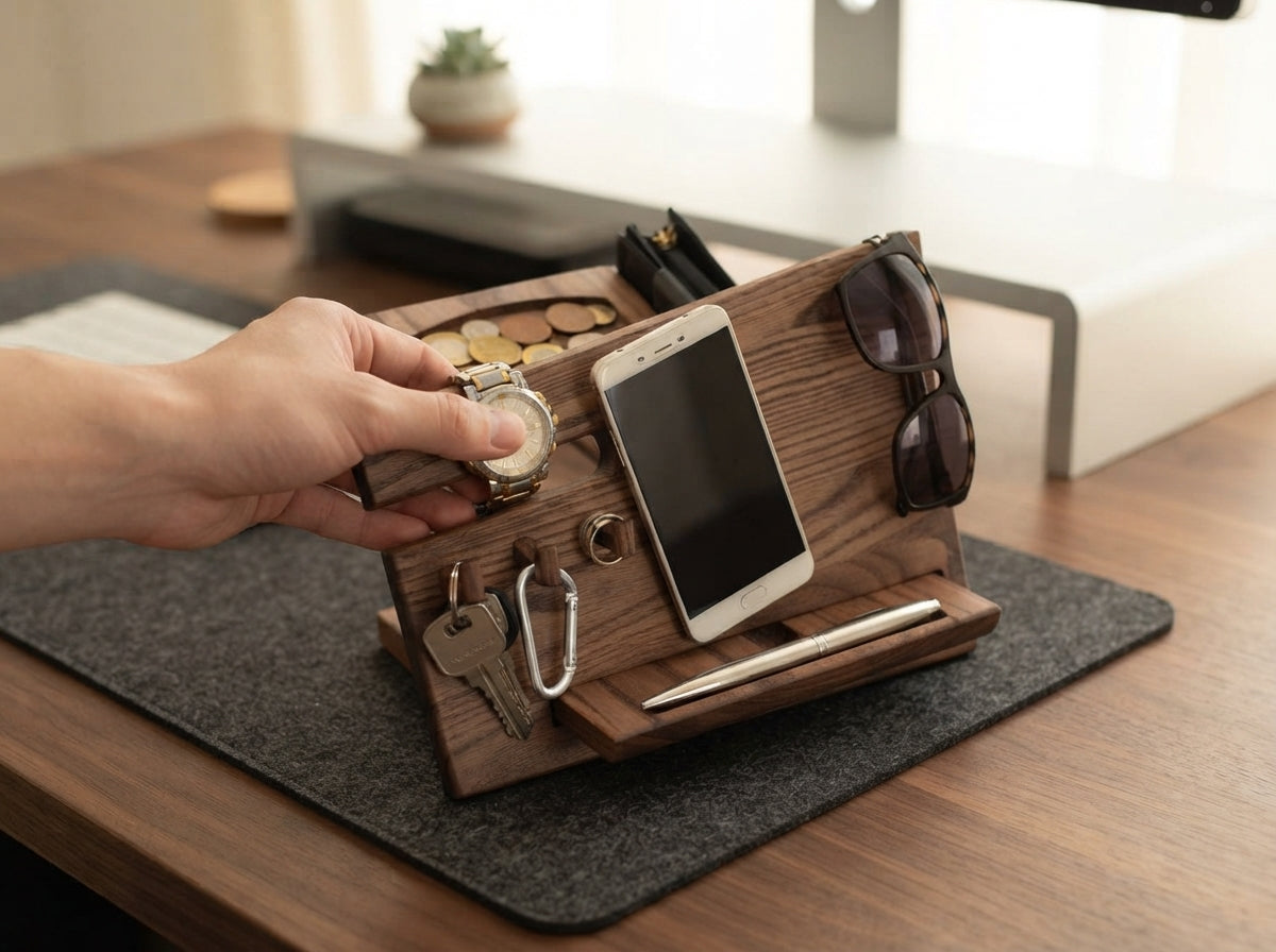 Hand placing a watch on the Ergora Landing docking valet
