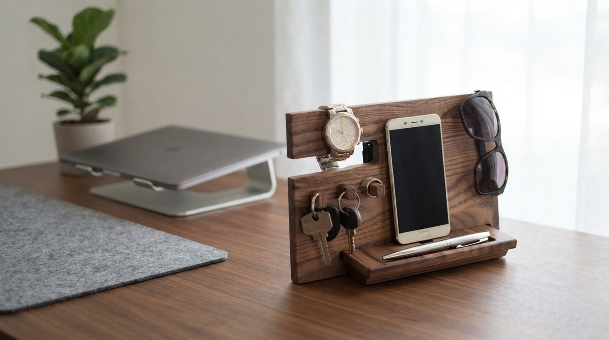 Ergora Landing docking valet on a warm walnut desk with felt mat and laptop stand