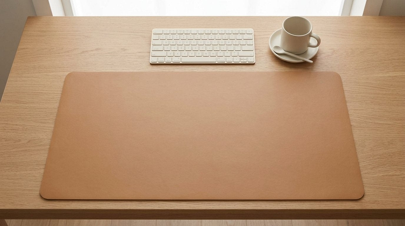 Ergora Meridian desk mat in Camel, full top-down view