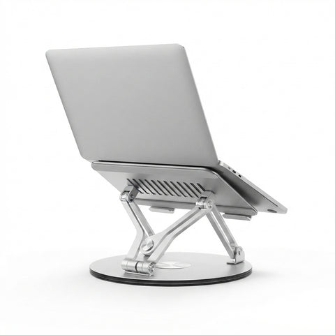 Ergora Rise Stand — silver aluminium laptop stand raising a laptop to eye level