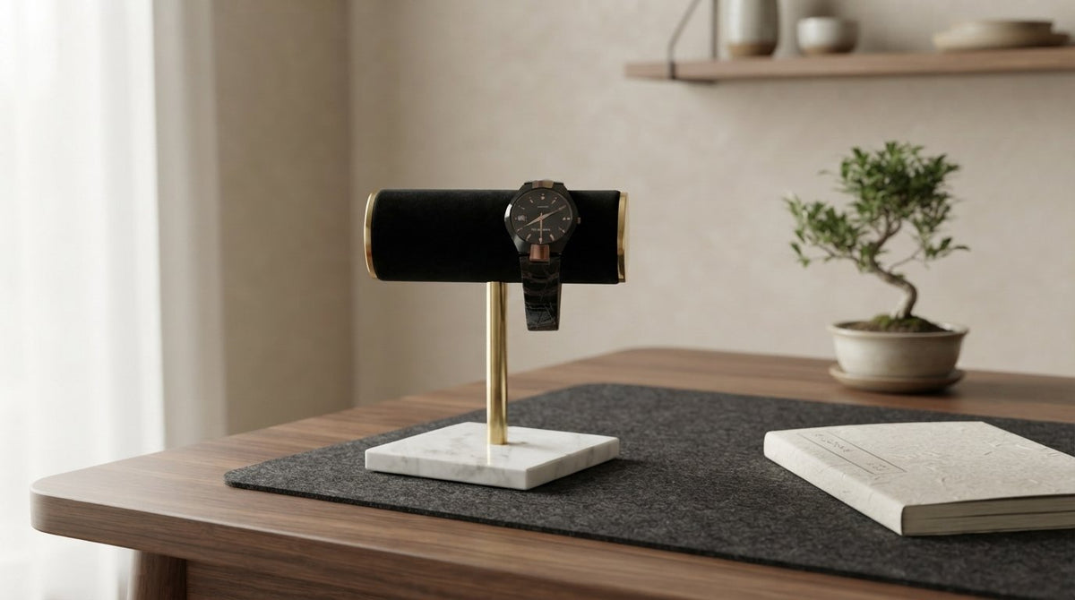 Ergora Stele watch stand on a warm walnut desk in a calm home office