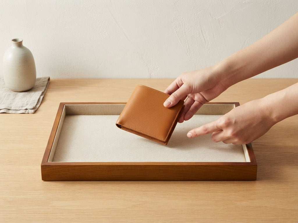 Placing a wallet into the Ergora Vale valet tray
