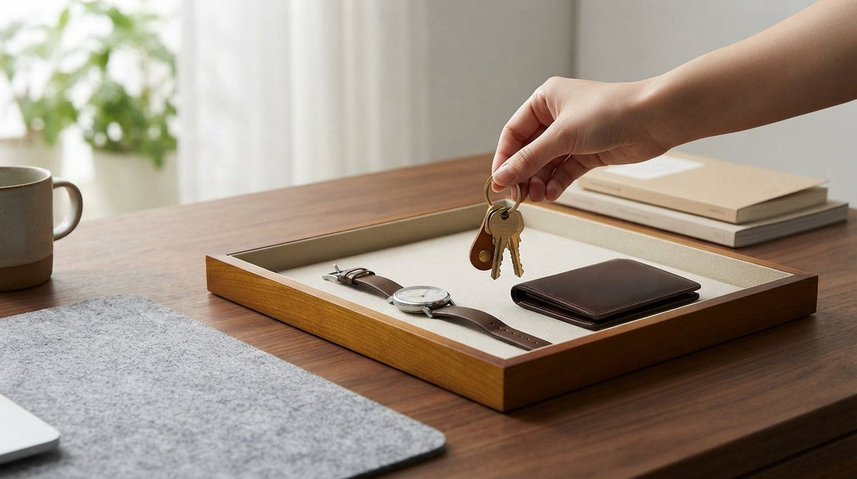 Ergora Vale valet tray on a warm walnut desk in natural light