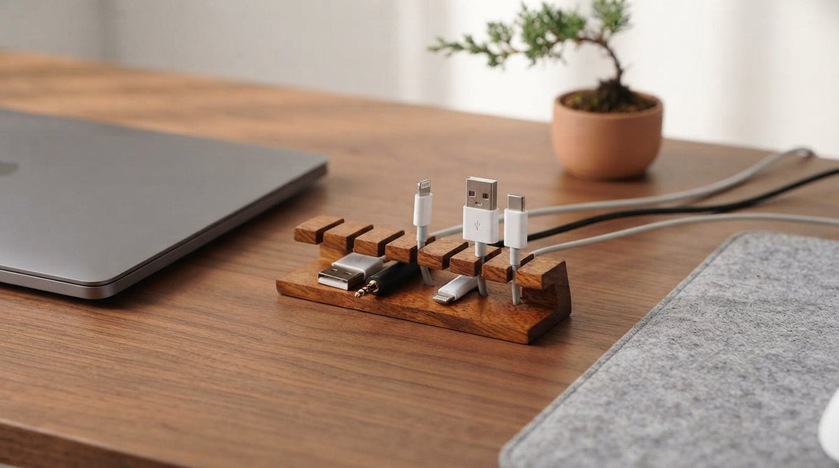 Ergora Weave walnut cable organiser on a warm desk beside a laptop