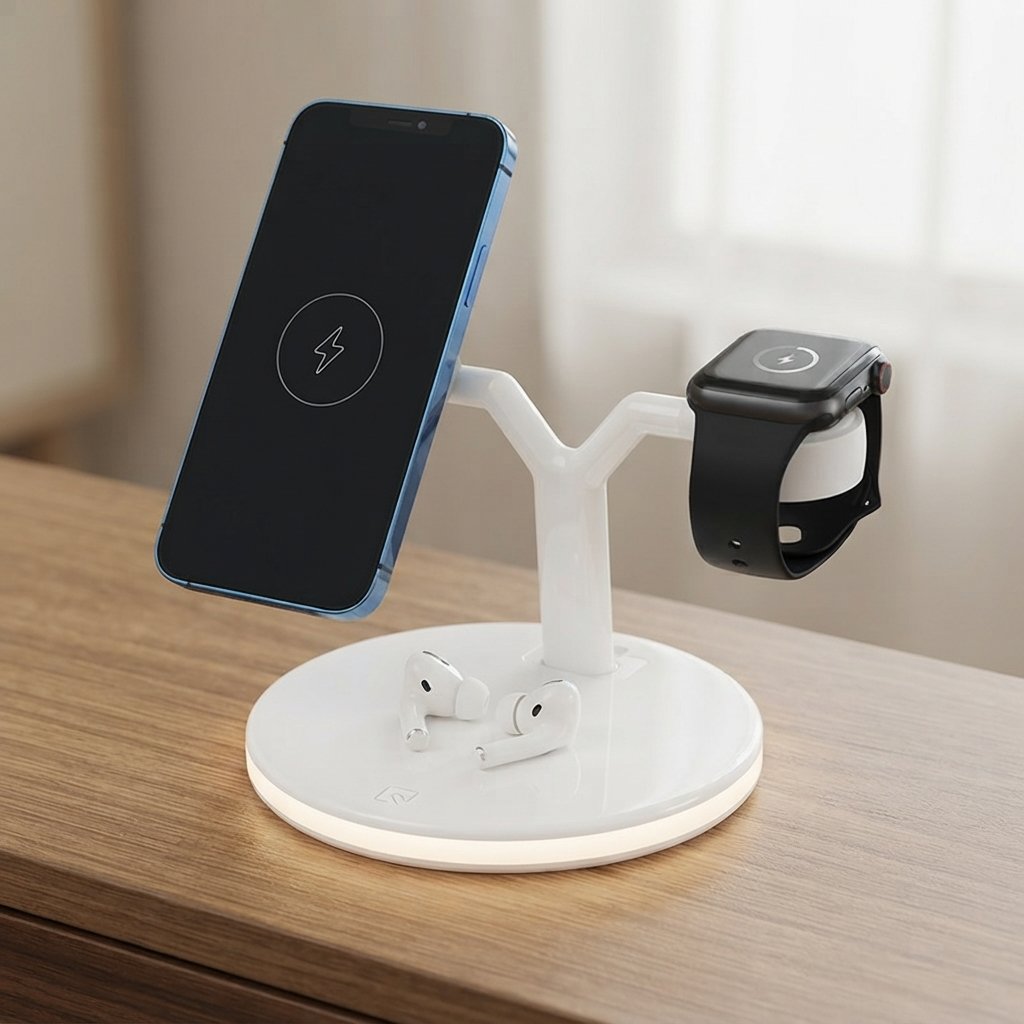 Ergora Current 3-in-1 wireless charging station in white with warm ambient light