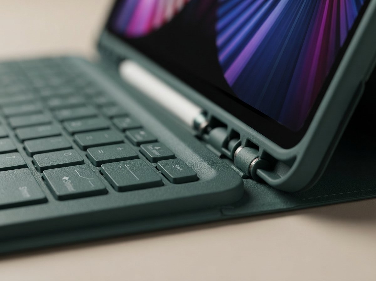 Close-up of the Ergora Flowboard hinge and keyboard texture