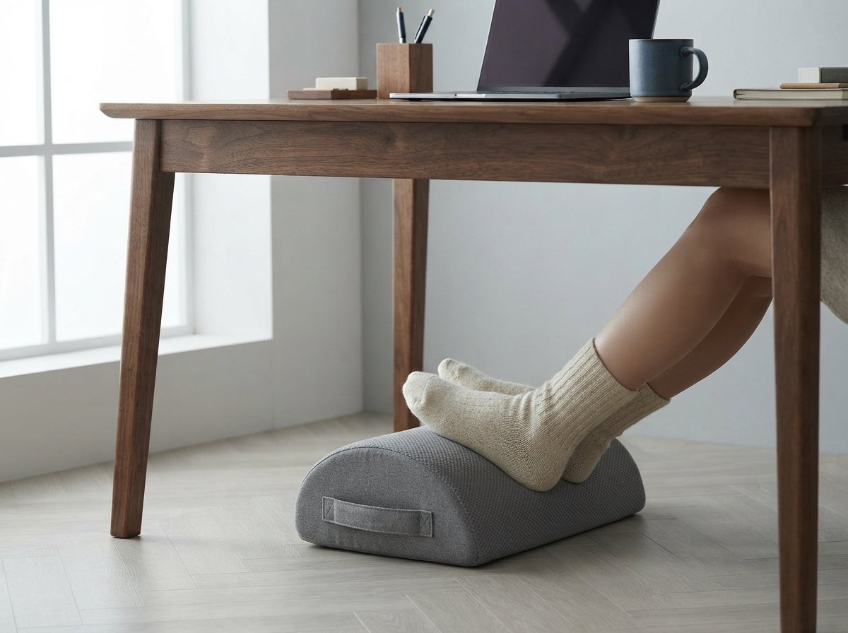 Feet resting on the Ergora Repose memory-foam footrest
