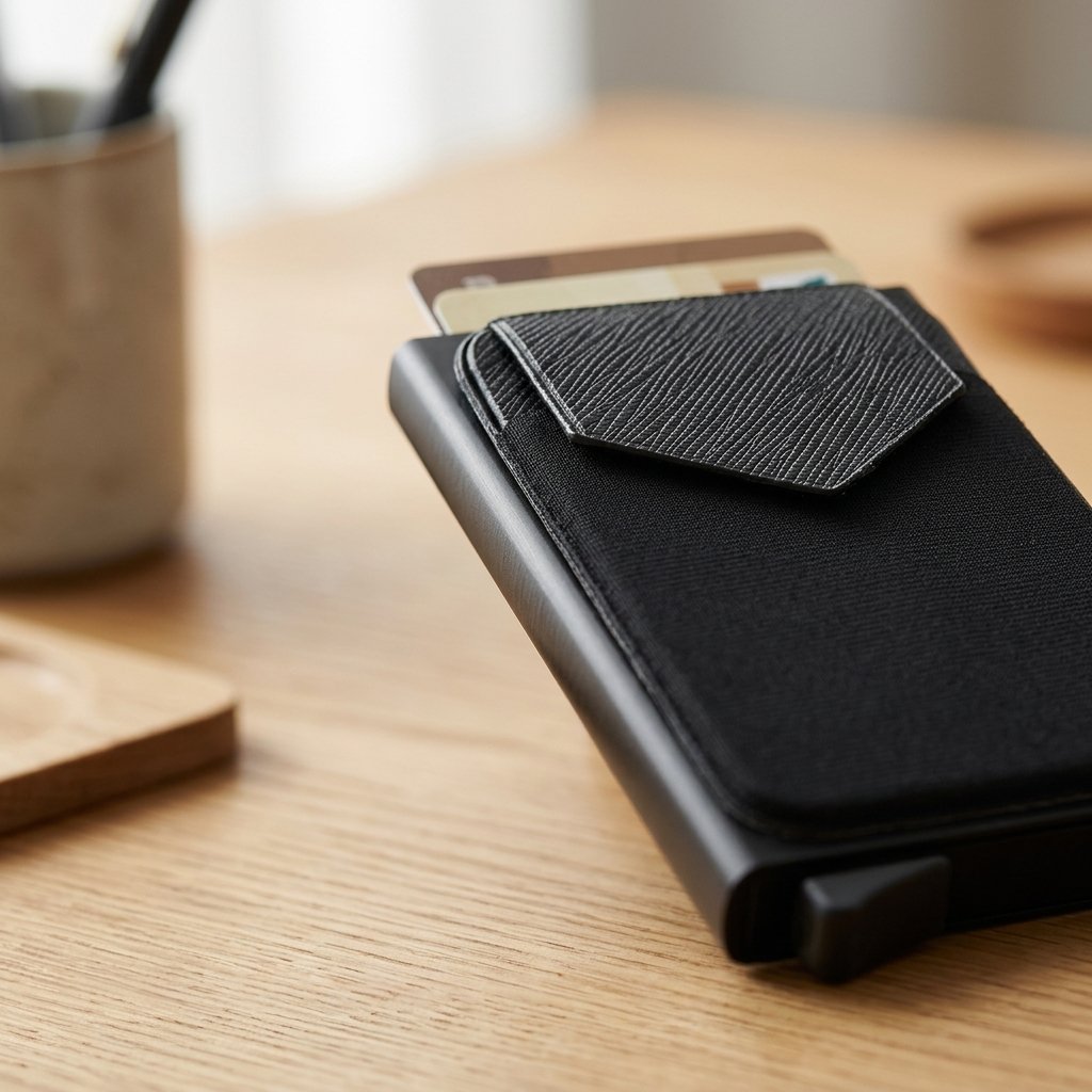 Brushed-aluminium texture and elastic pocket detail