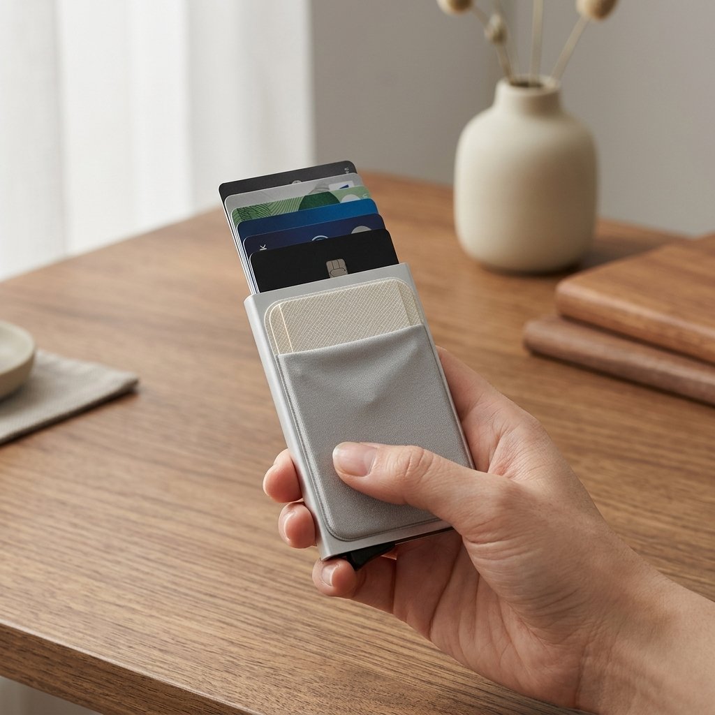 Cards fanning out of the aluminium card protector in hand