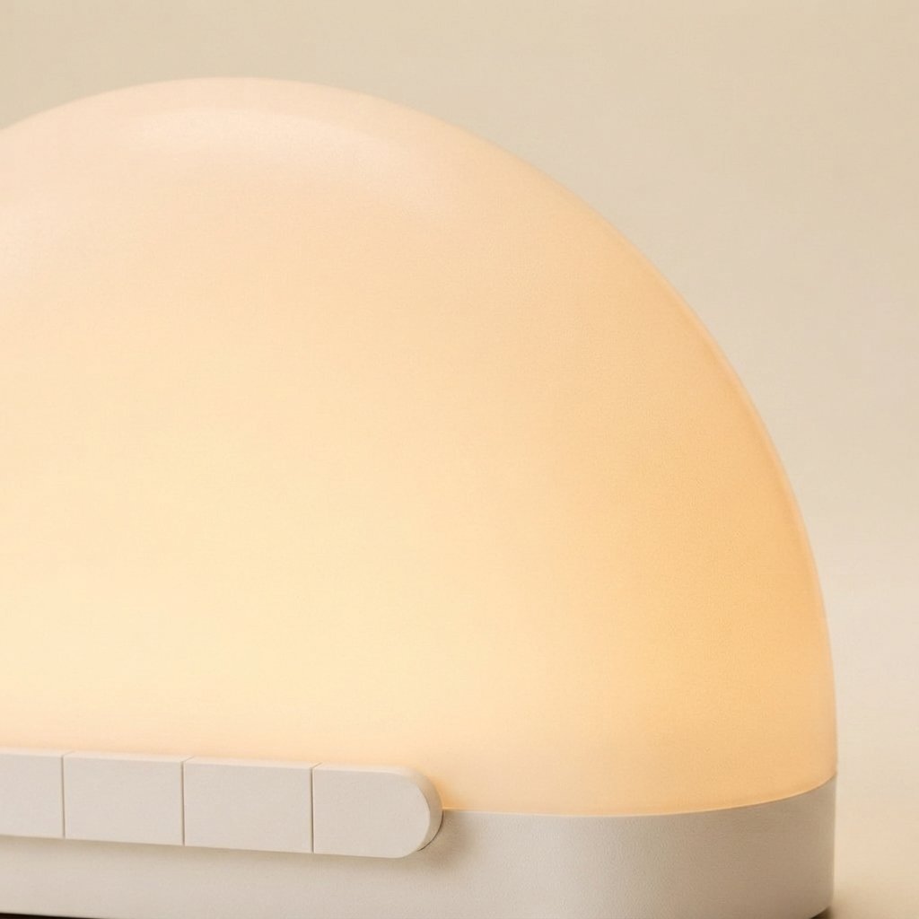 Warm amber glow of the frosted sunrise dome, close-up