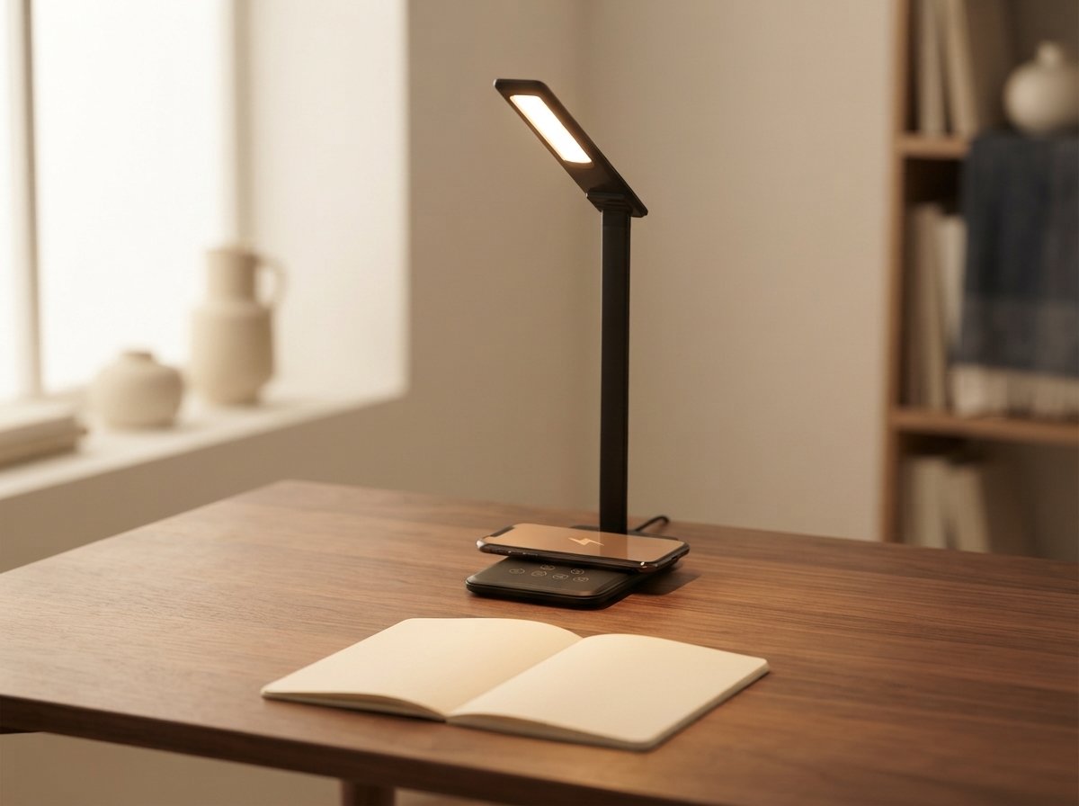 Ergora Lumen lighting a notebook while charging a phone on its base