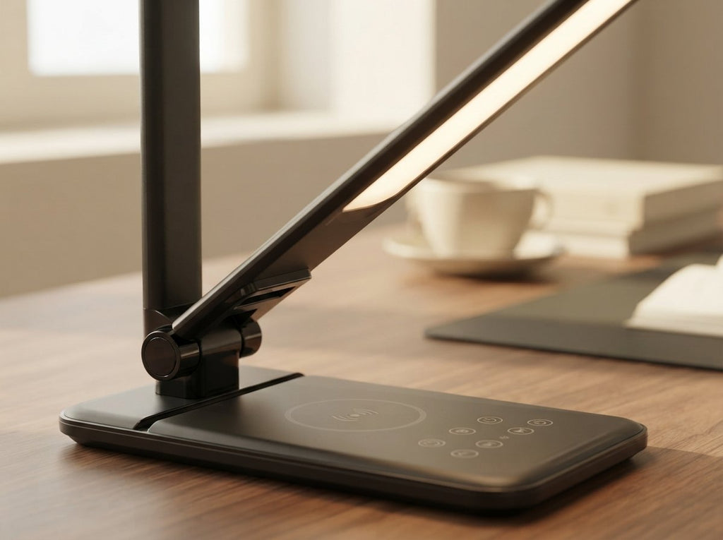 Close-up of the Ergora Lumen folding hinge and touch controls