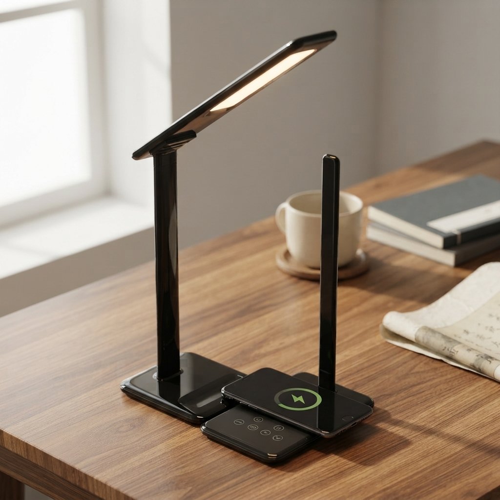 Ergora Lumen folding desk lamp in black on a warm oak desk