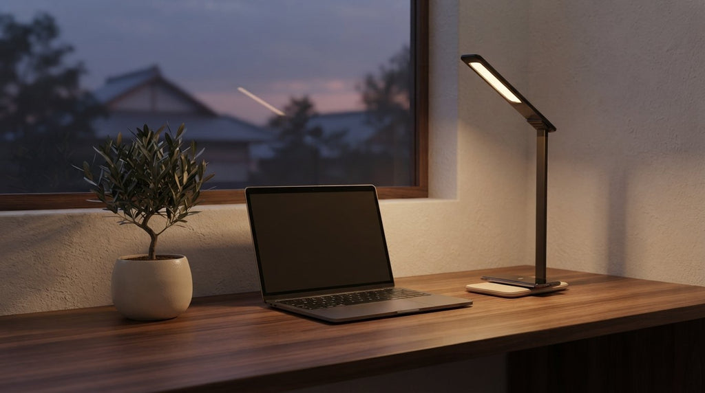 Ergora Lumen desk lamp lighting a calm home office at dusk