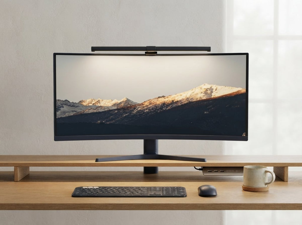 Ergora Halo lighting a warm desk with glare-free light