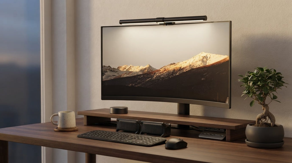 Ergora Halo monitor light bar in a calm evening home office