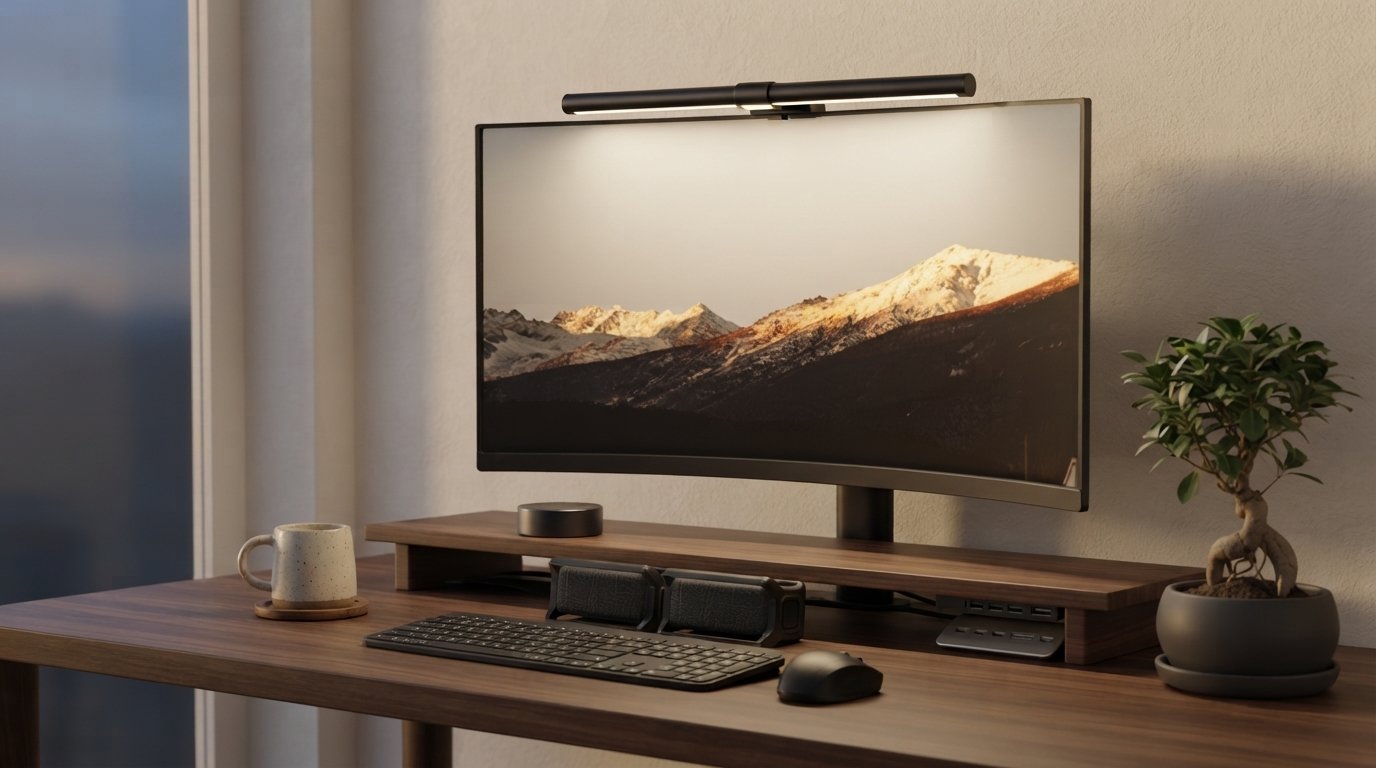 Ergora Halo monitor light bar in a calm evening home office