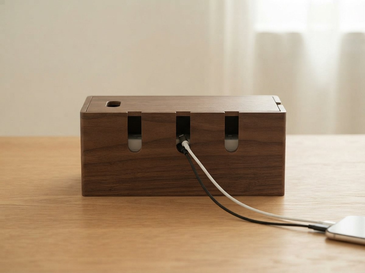 Ergora Nook cable box hiding a power strip with tidy cables through the side slot