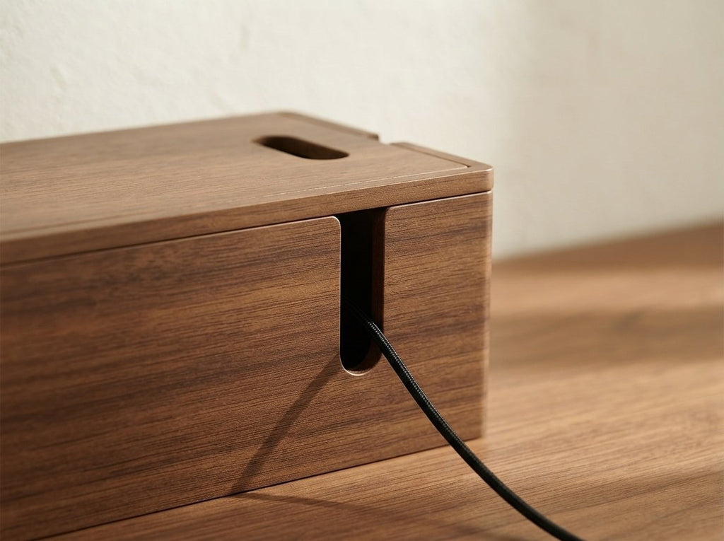 Close-up of the Ergora Nook wood grain and cable slot