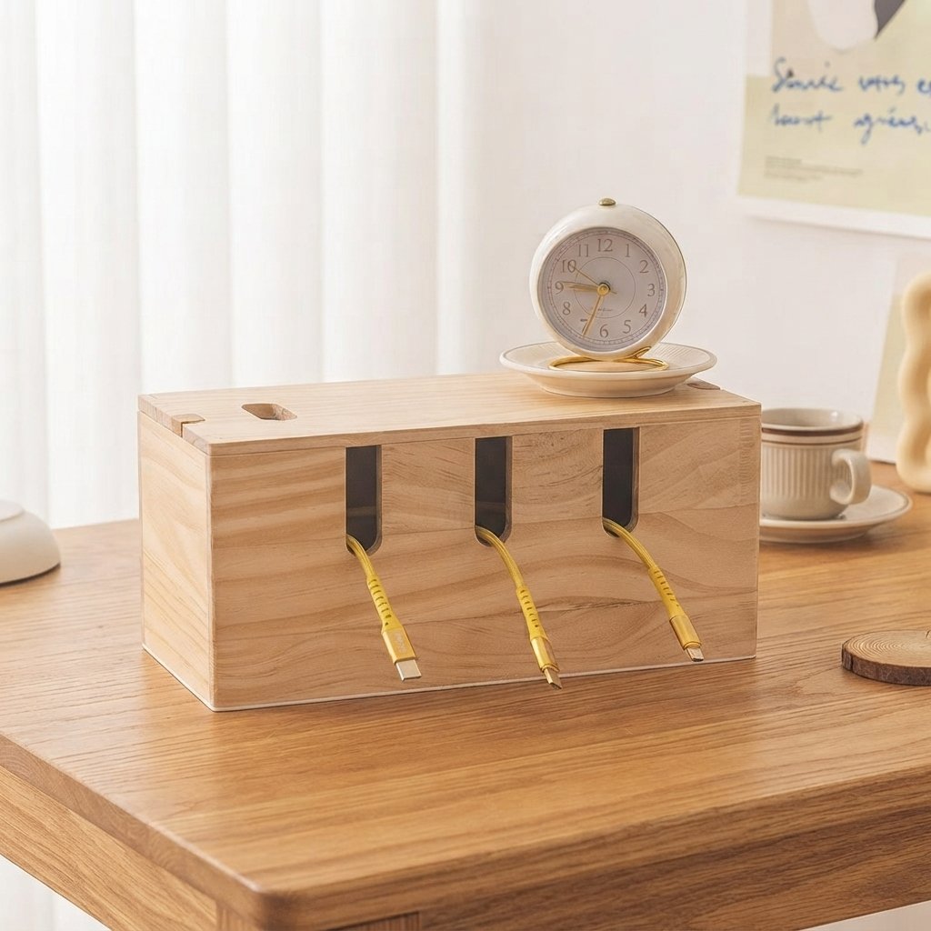 Ergora Nook solid-wood cable box in natural oak on a warm desk