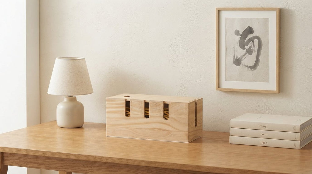 Ergora Nook cable box tidying a calm desk corner