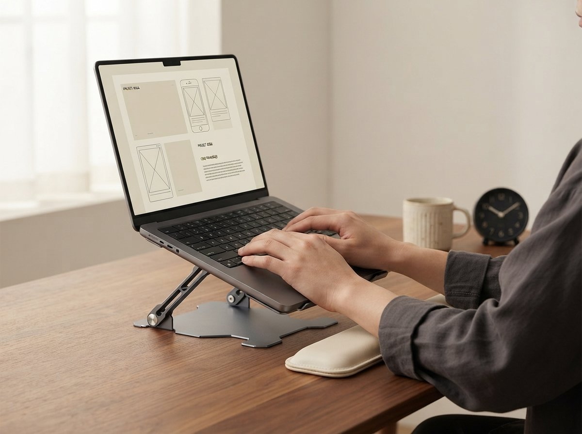 Hands typing on a laptop raised to eye level on the Ergora Vantage stand