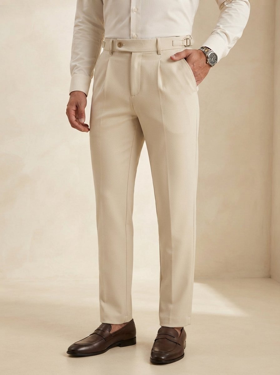 Ergora Vantage pleated tailored trousers in cream, worn on-model