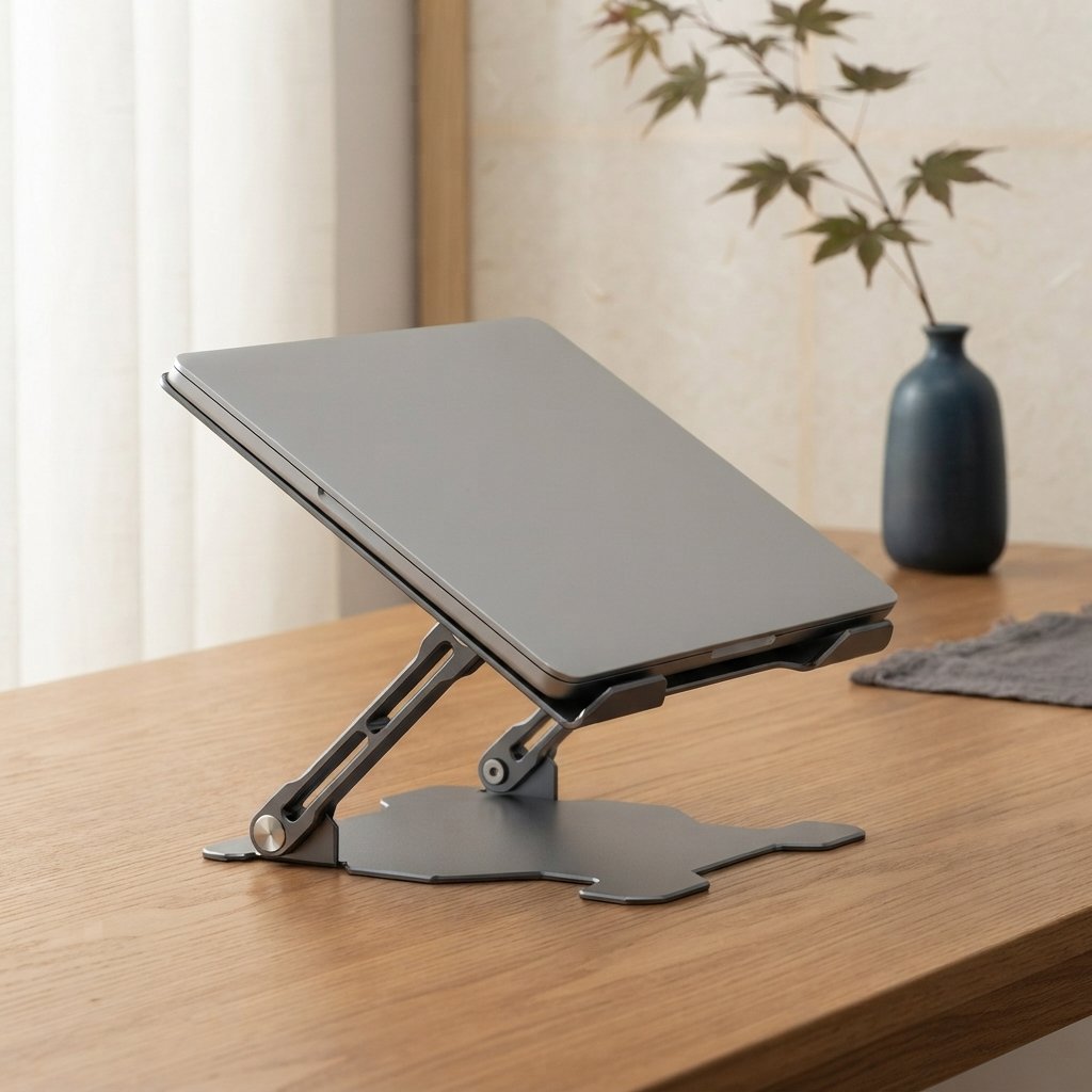 Ergora Vantage foldable laptop stand in space grey on a warm oak desk